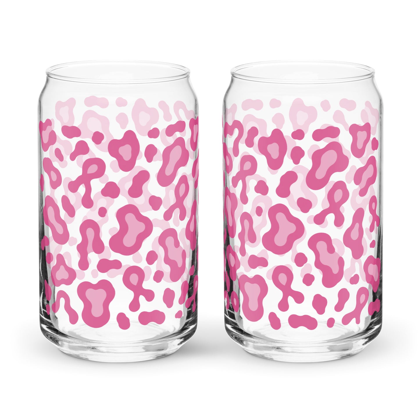Two clear glass can-shaped tumblers with a pink and light pink leopard print pattern, shown side-by-side on a white background.
