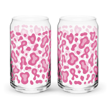 Two clear glass can-shaped tumblers with a pink and light pink leopard print pattern, shown side-by-side on a white background.