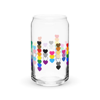 LGBTQIA Pride Rainbow Hearts Can-Shaped Glass Tumbler by Spinsterly Co, clear glass with colorful heart print