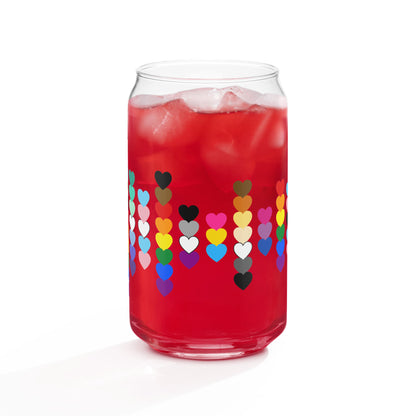 LGBTQIA Pride Rainbow Hearts Can-Shaped Glass Tumbler 16 oz by Spinsterly Co, red glass with heart print