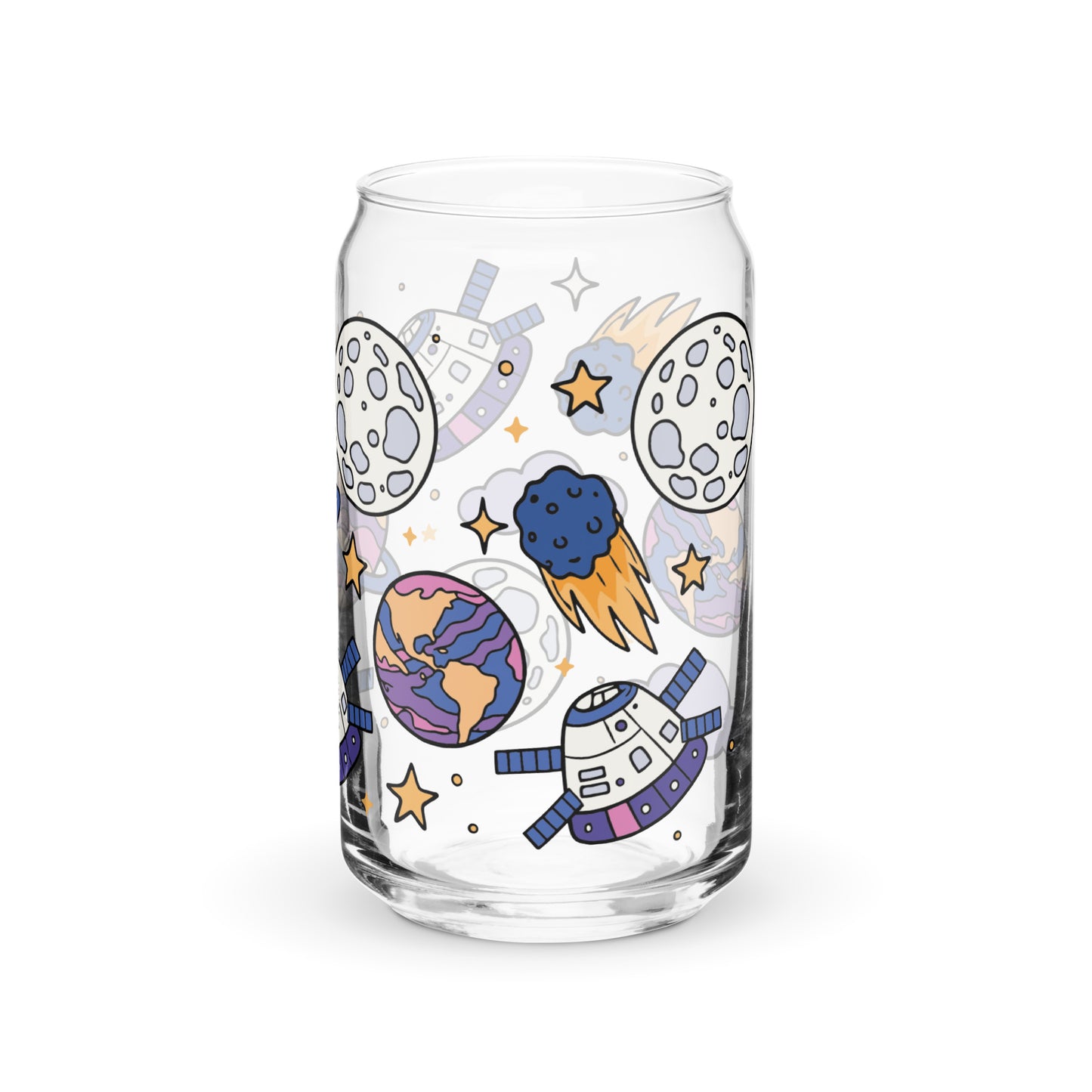 Kawaii Space Scatter Cosmic Glass Tumbler Spinsterly Co clear glass can shaped cup with space themed planets