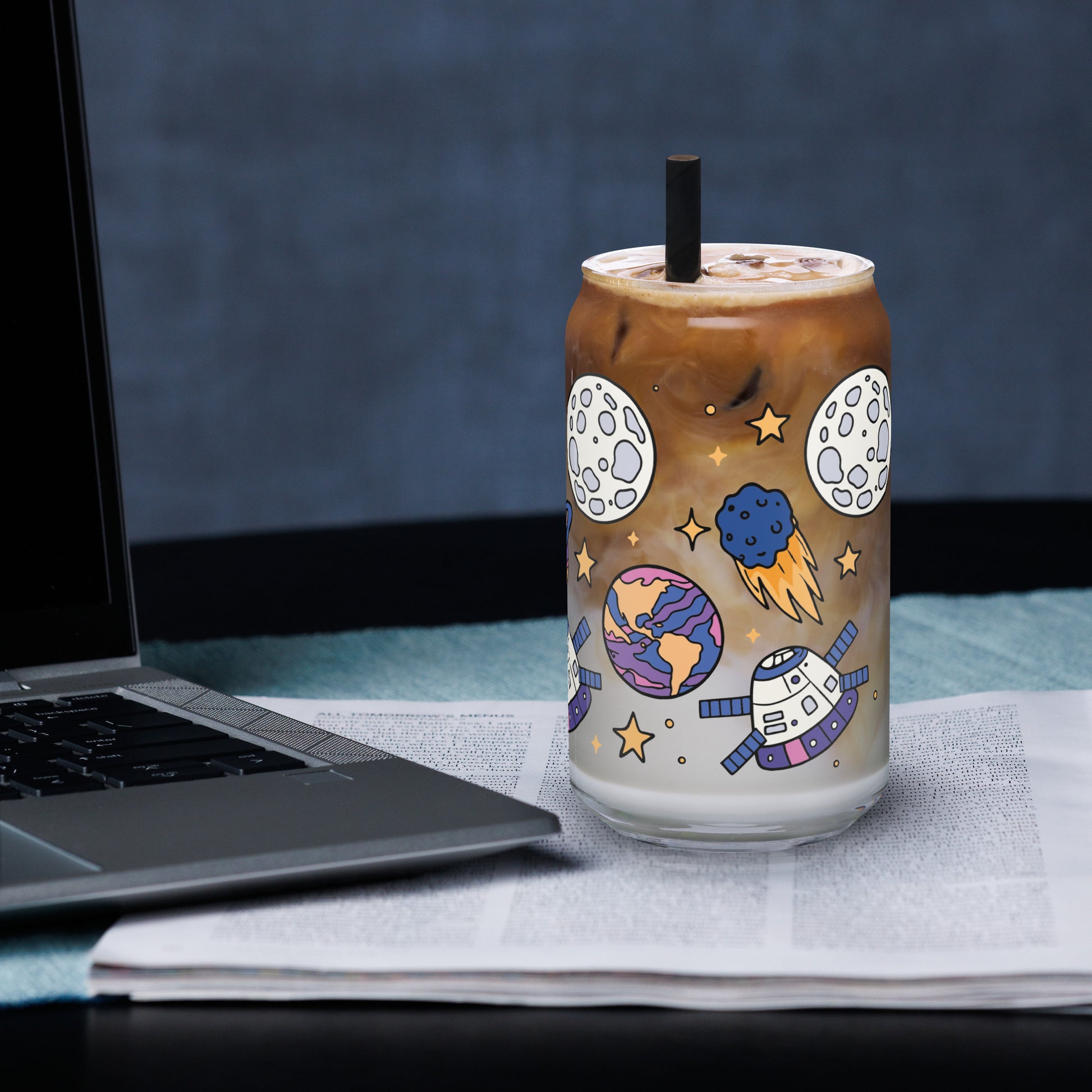 Kawaii Space Scatter Cosmic Glass Tumbler Spinsterly Co can shaped glass in clear with bamboo lid and straw