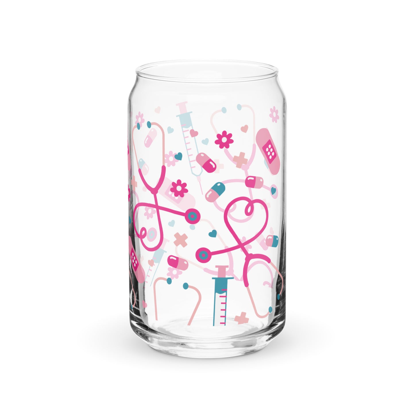 Kawaii Nurse Medical Scatter Can-Shaped Glass Tumbler with stethoscope print, clear glass and pink blue accents