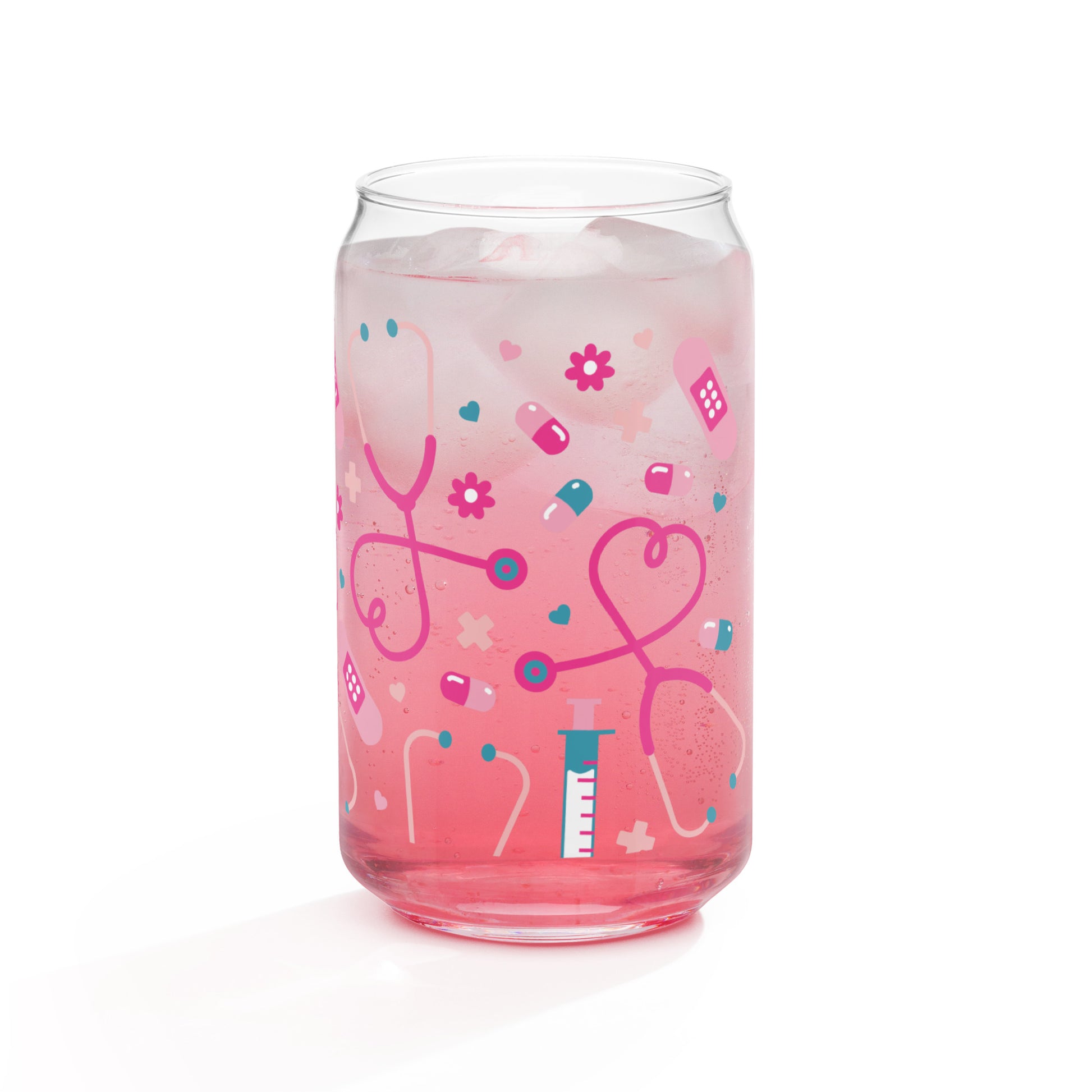 Kawaii Nurse Medical Scatter Can-Shaped Glass Tumbler by Spinsterly Co in pink with printed stethoscope design