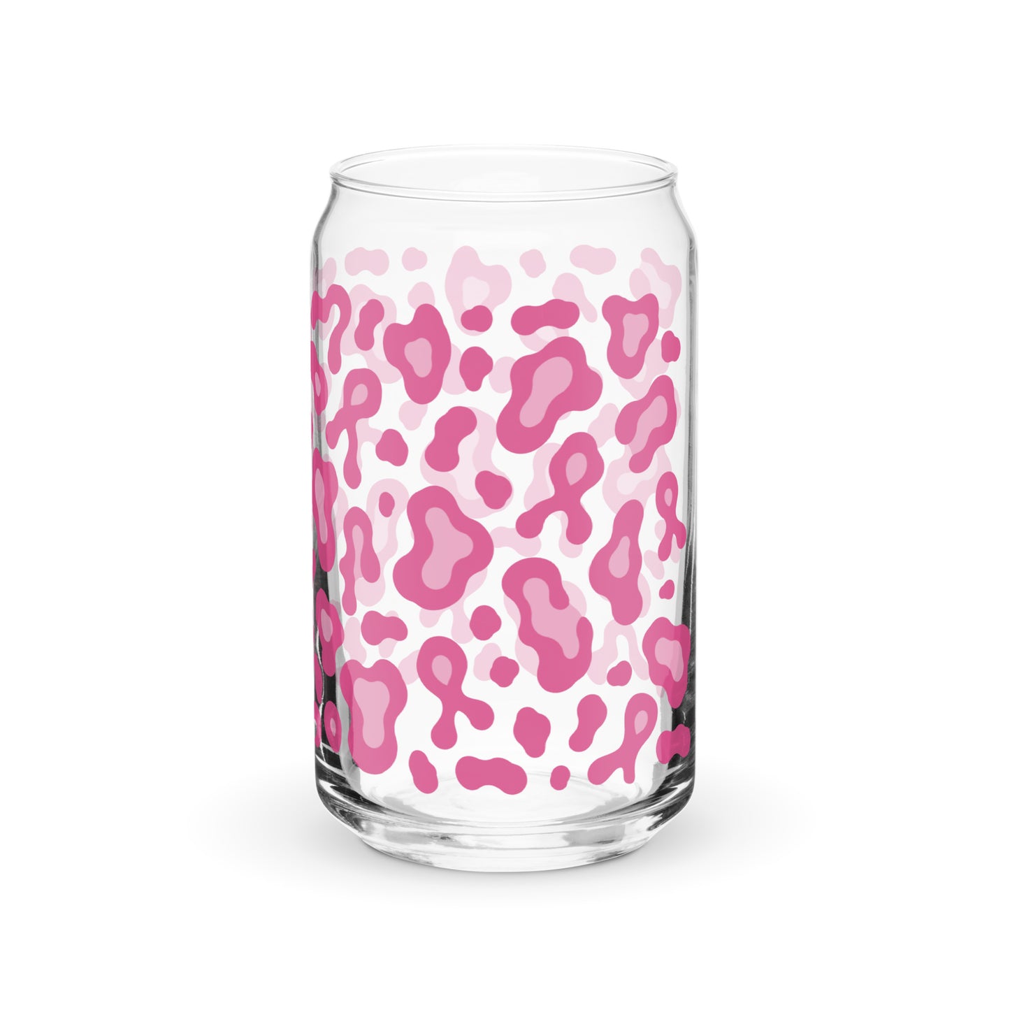 A clear glass can-shaped tumbler with a pink and light pink leopard print pattern, shown on a clean white background.
