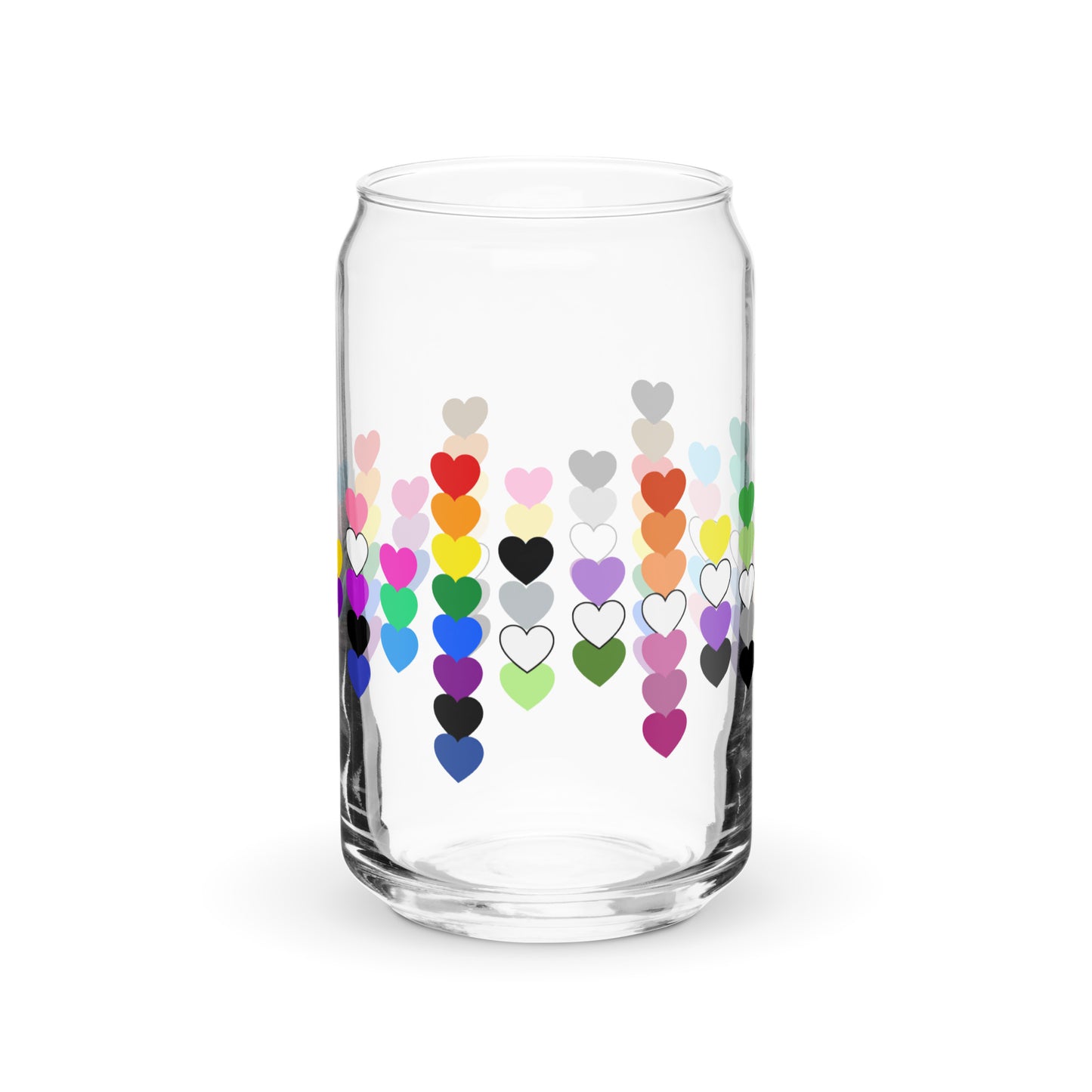 LGBTQIA Pride Rainbow Hearts Can-Shaped Glass Tumbler by Spinsterly Co, clear glass with multicolor hearts