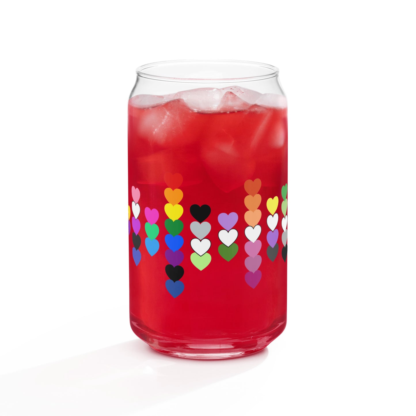 LGBTQIA Pride Rainbow Hearts Can-Shaped Glass Tumbler by Spinsterly Co, red clear glass with heart print