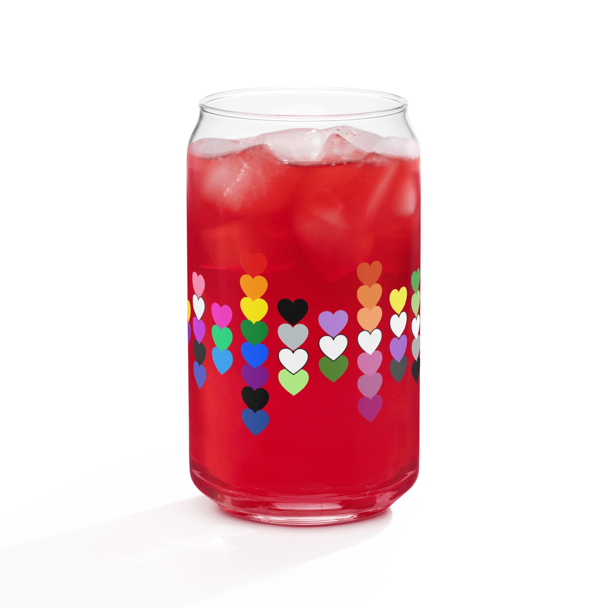 LGBTQIA Pride Rainbow Hearts Can-Shaped Glass Tumbler by Spinsterly Co, red clear glass with heart print