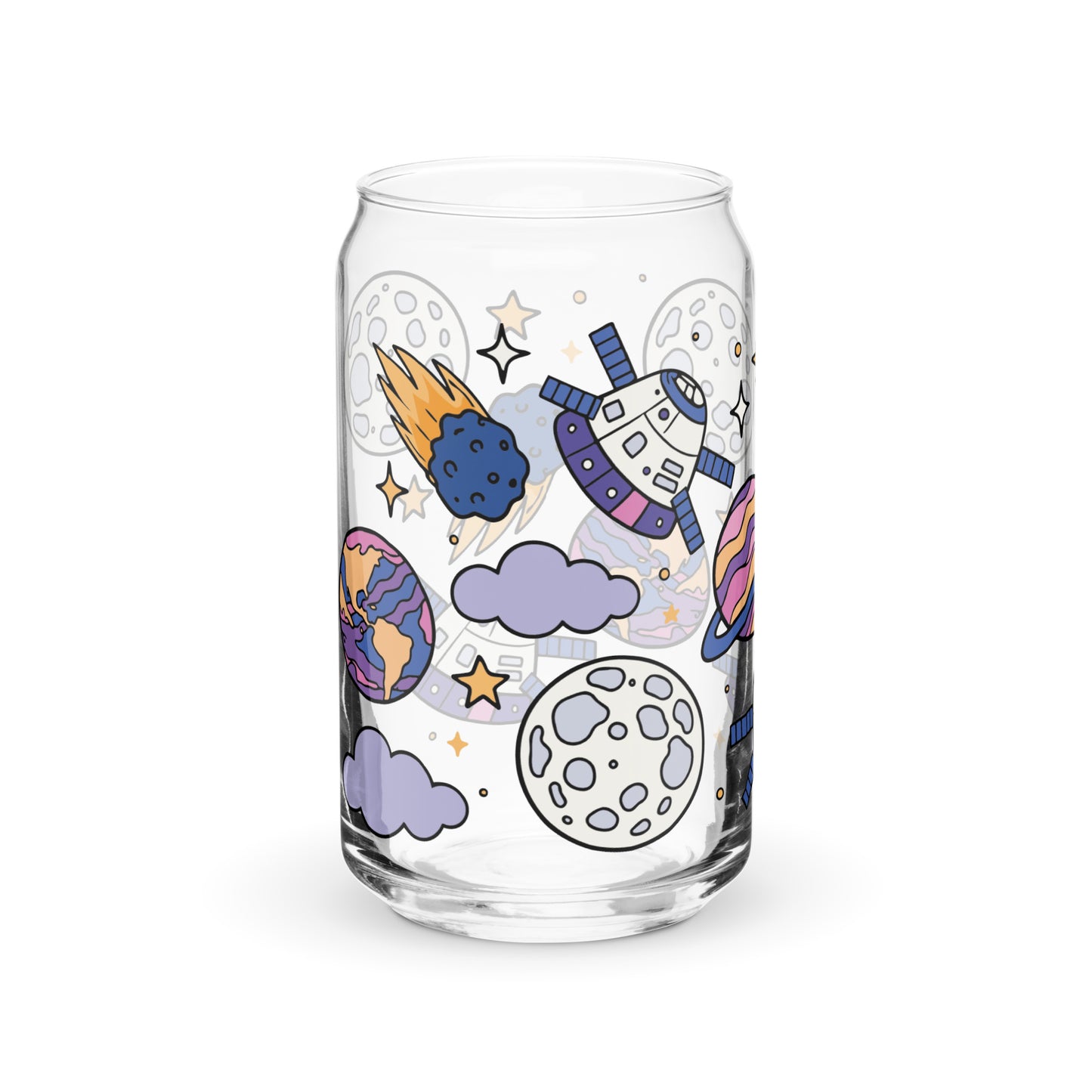 Kawaii Space Scatter Cosmic Glass Tumbler by Spinsterly Co, clear glass with space rocket and stars