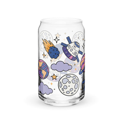 Kawaii Space Scatter Cosmic Glass Tumbler by Spinsterly Co, clear glass with space rocket and stars