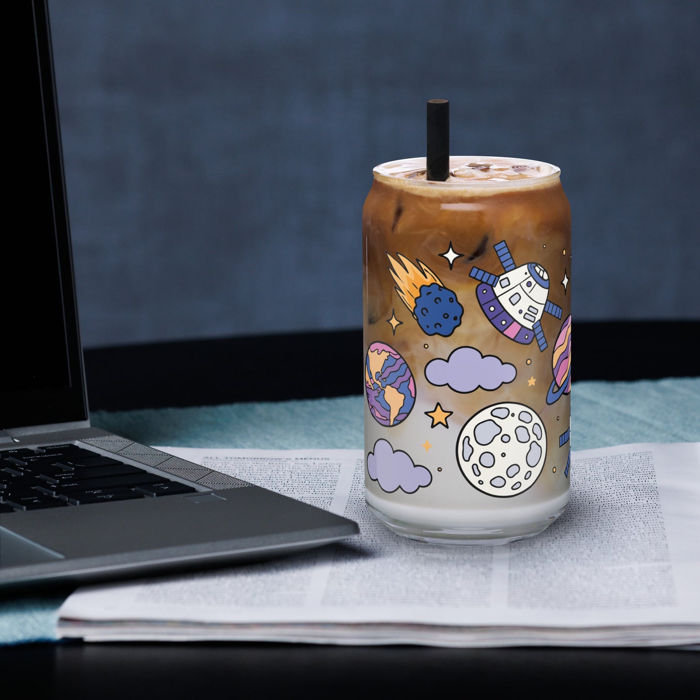 Kawaii Space Scatter Cosmic Glass Tumbler by Spinsterly Co, clear can shaped glass with bamboo lid and straw