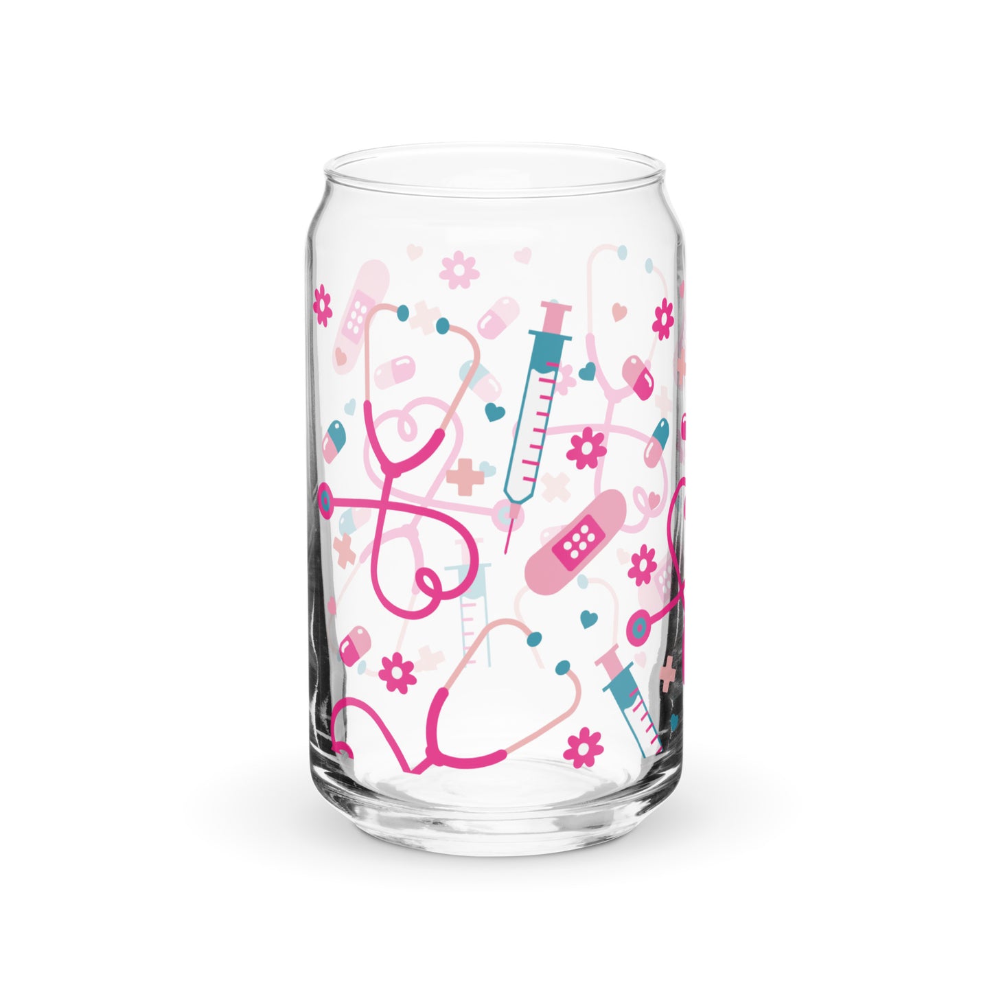 Kawaii Nurse Medical Scatter Can-Shaped Glass Tumbler by Spinsterly Co with clear glass and pink stethoscope print
