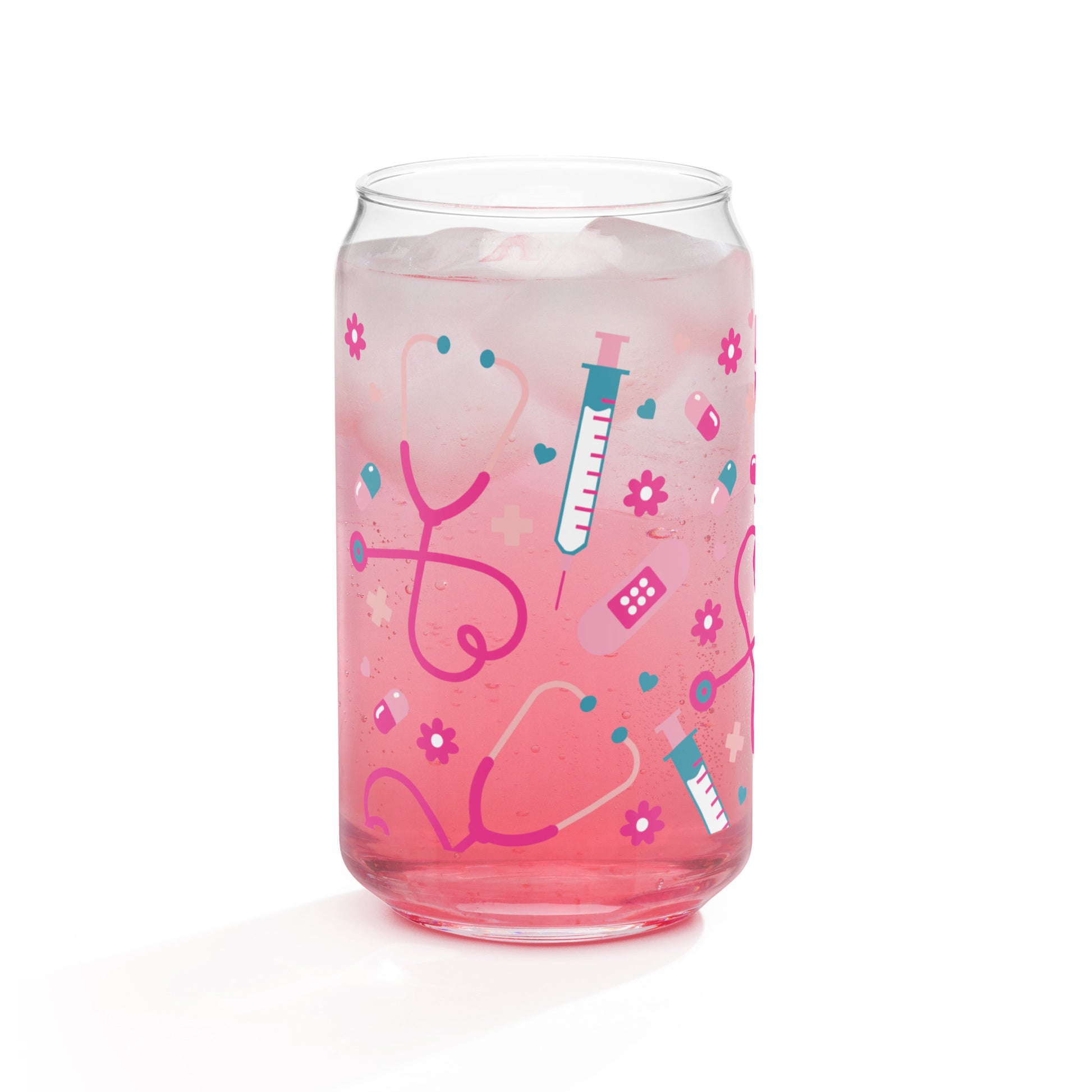 Kawaii Nurse Medical Scatter Can-Shaped Glass Tumbler by Spinsterly Co in pink with nurse stethoscope print