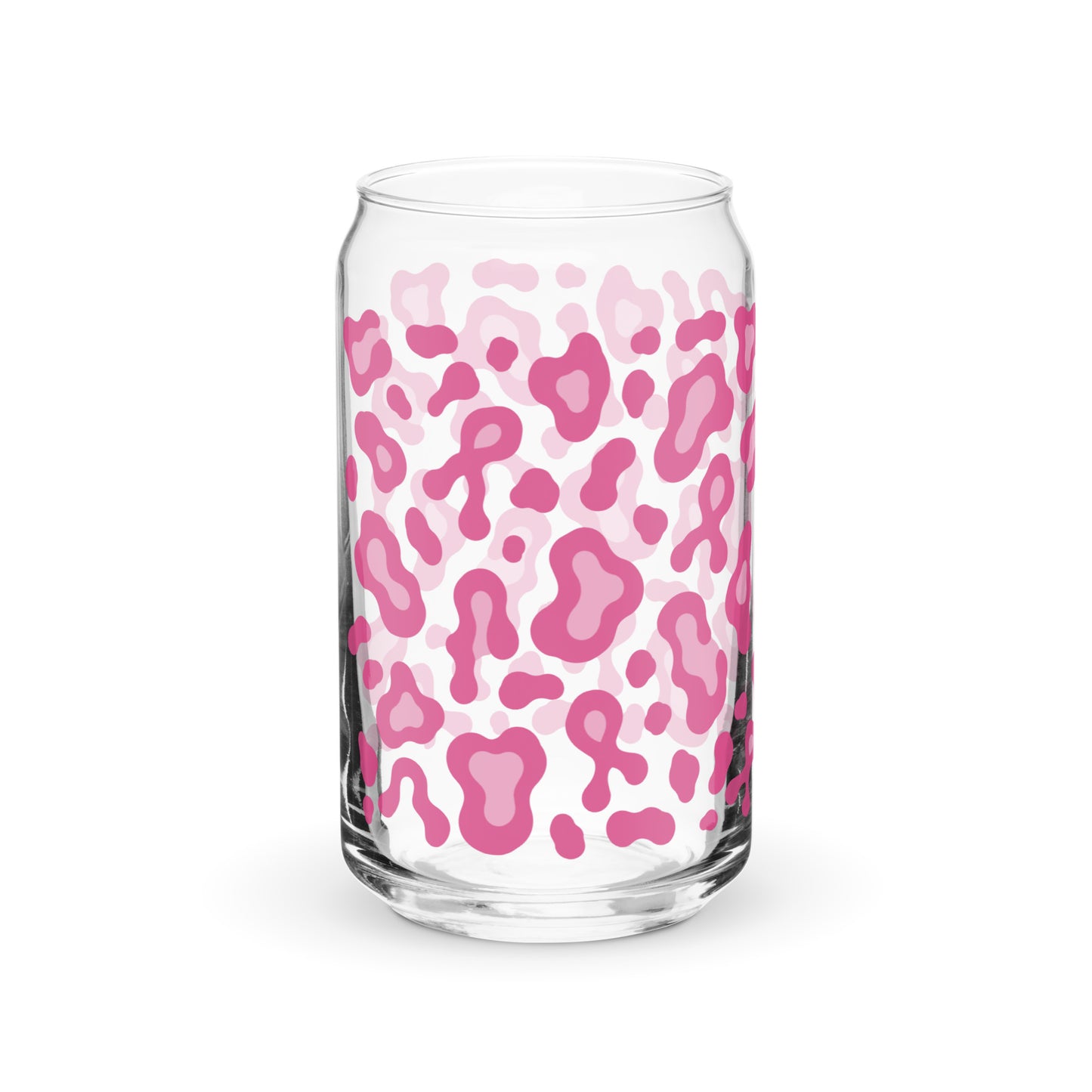 A clear glass can-shaped tumbler with a pink and light pink leopard print pattern, shown on a clean white background.