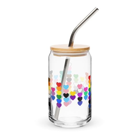 LGBTQIA Pride Rainbow Hearts Can-Shaped Glass Tumbler Spinsterly Co clear glass with bamboo lid and metal straw