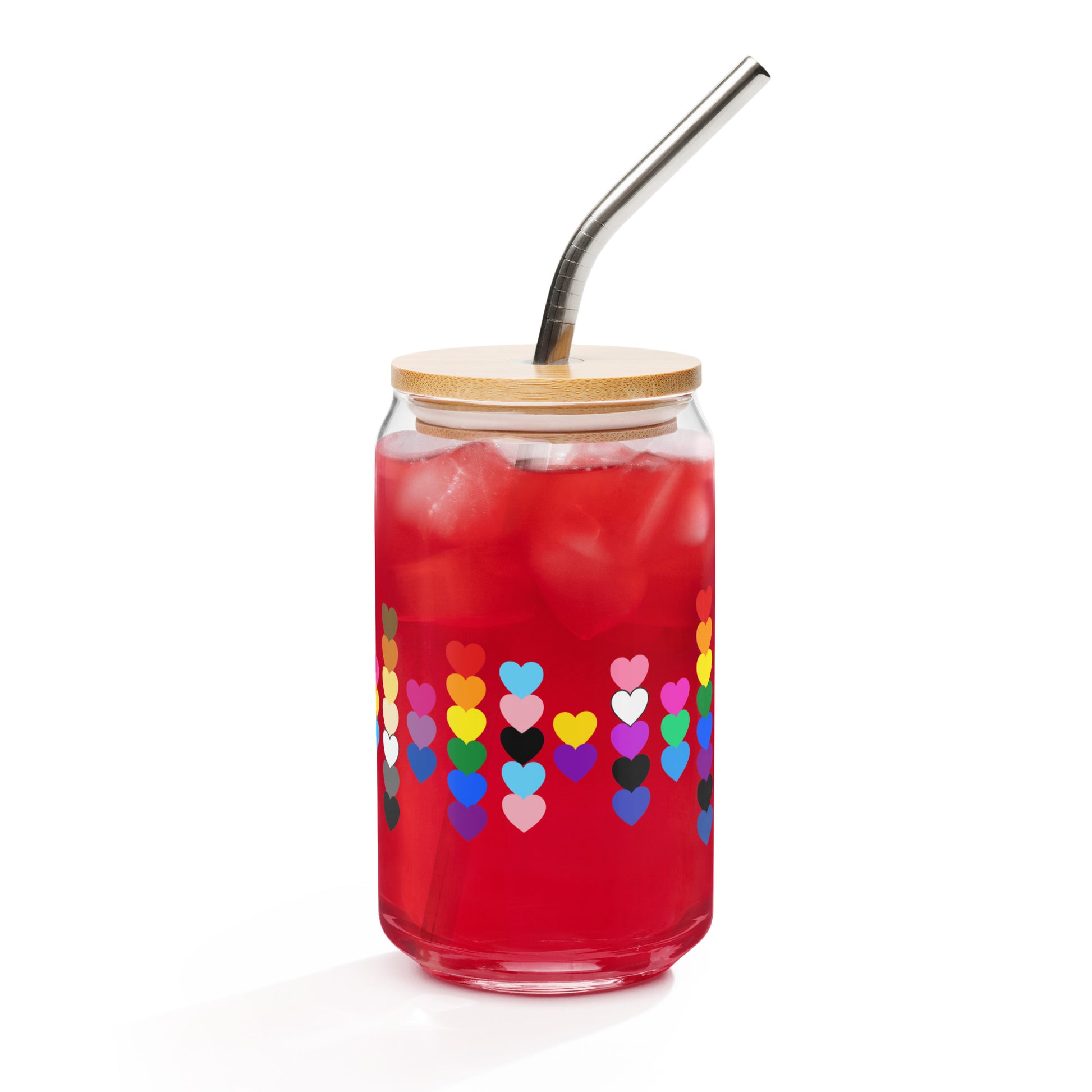 LGBTQIA Pride Rainbow Hearts Can-Shaped Glass Tumbler by Spinsterly Co, red with bamboo lid and straw