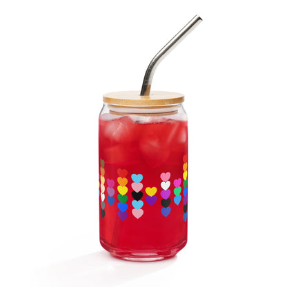 LGBTQIA Pride Rainbow Hearts Can-Shaped Glass Tumbler by Spinsterly Co, red with bamboo lid and straw