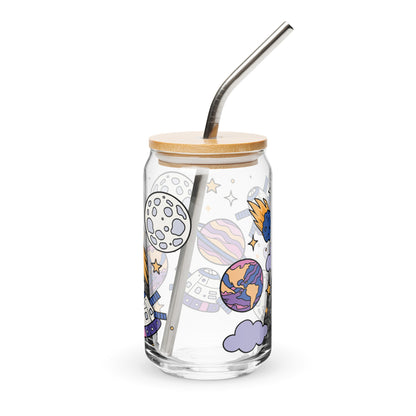 Kawaii Space Scatter Cosmic Glass Tumbler by Spinsterly Co, clear can-shaped glass with bamboo lid and metal straw