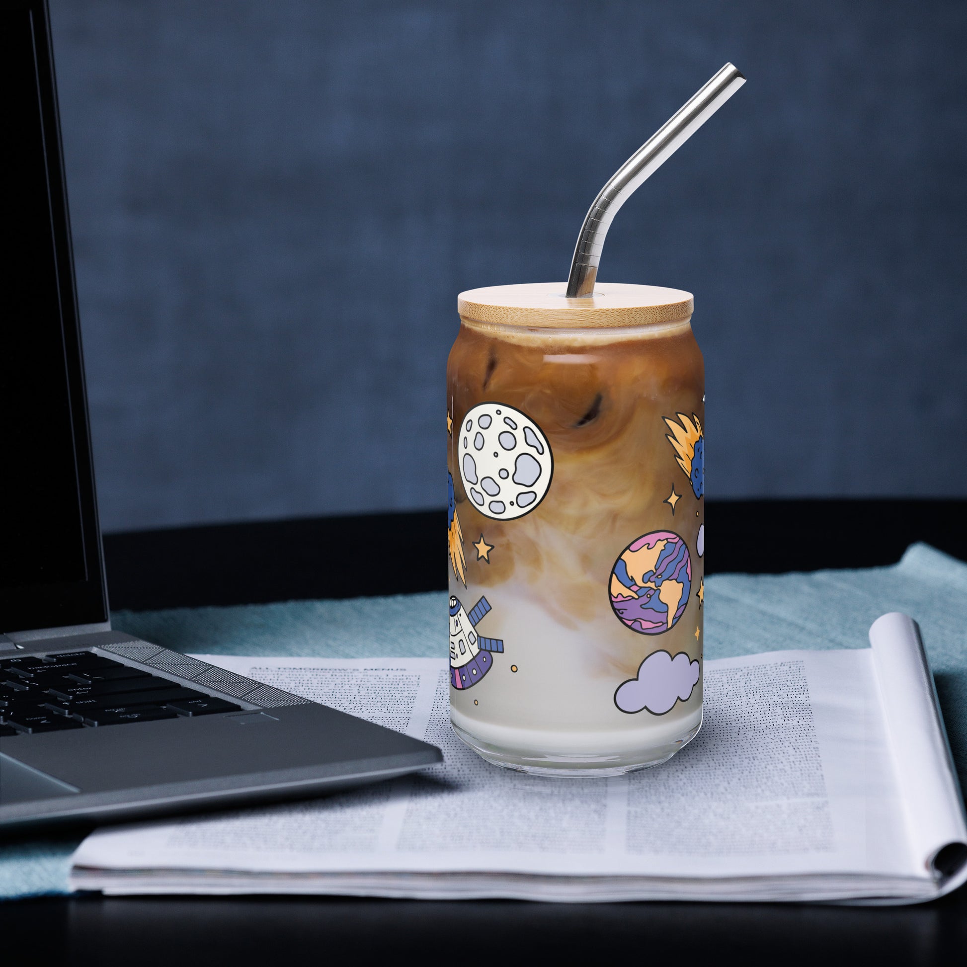Kawaii Space Scatter Cosmic Glass Tumbler by Spinsterly Co, clear glass with bamboo lid and metal straw