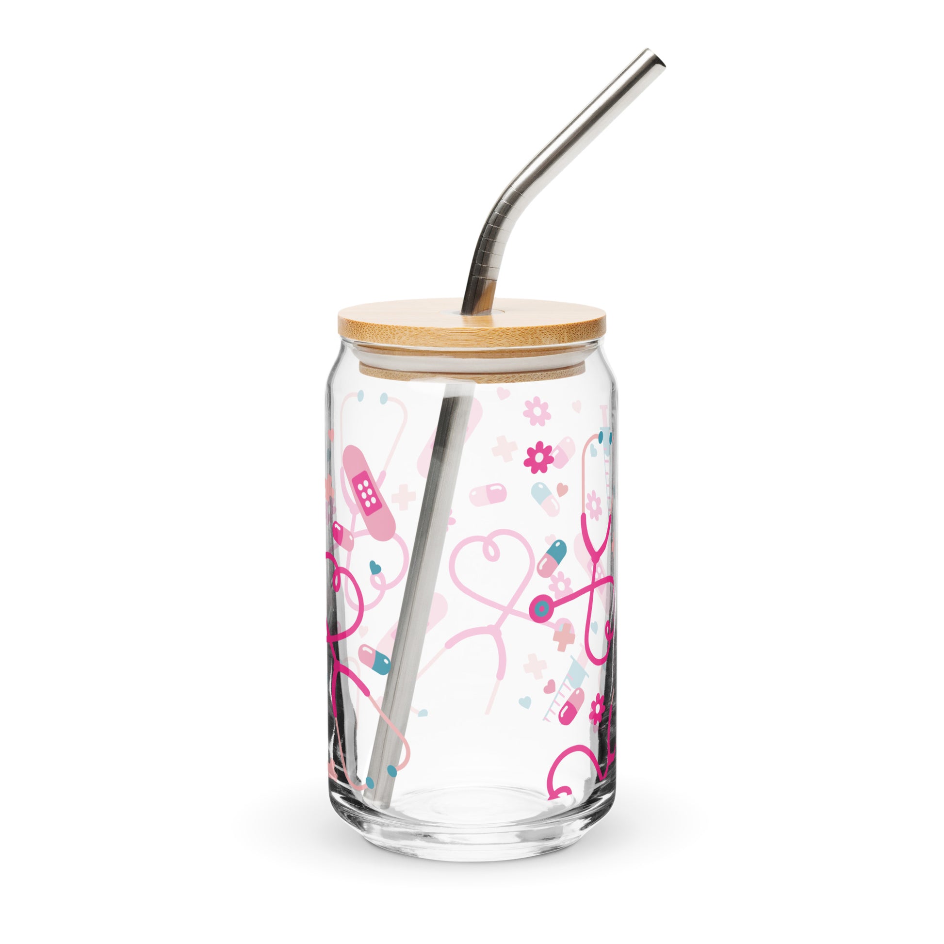 Kawaii Nurse Medical Scatter Can-Shaped Glass Tumbler by Spinsterly Co in clear glass with bamboo lid and straw