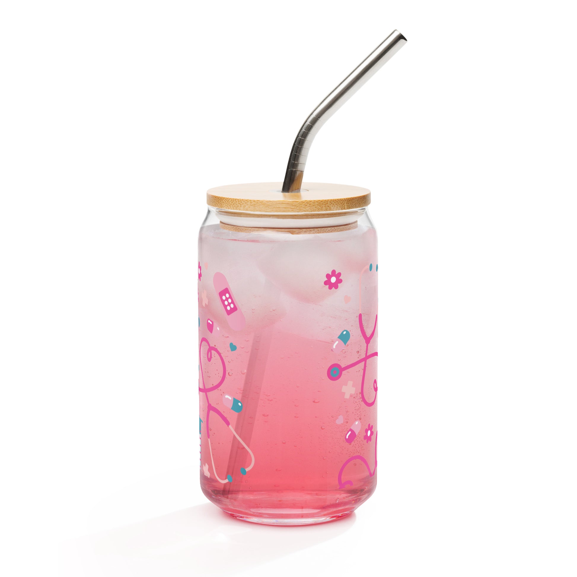 Kawaii Nurse Medical Scatter Can-Shaped Glass Tumbler by Spinsterly Co, pink clear glass with bamboo lid and metal straw