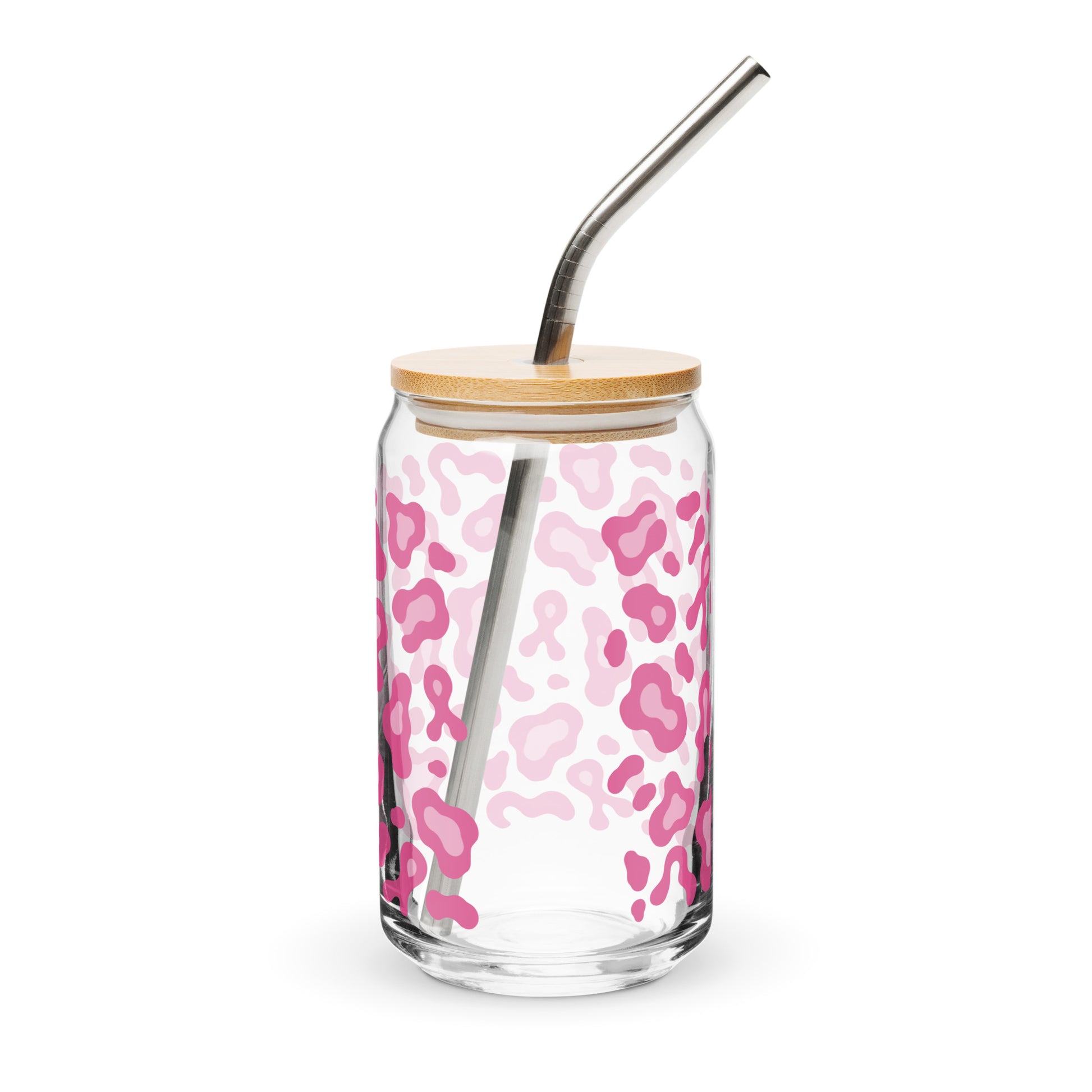 A clear glass can-shaped tumbler with a pink and light pink leopard print pattern, a light wood lid, and a curved stainless steel straw, shown on a white background.
