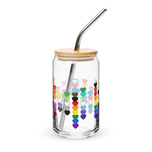 LGBTQIA Pride Rainbow Hearts Can-Shaped Glass Tumbler by Spinsterly Co, clear glass with bamboo lid and metal straw