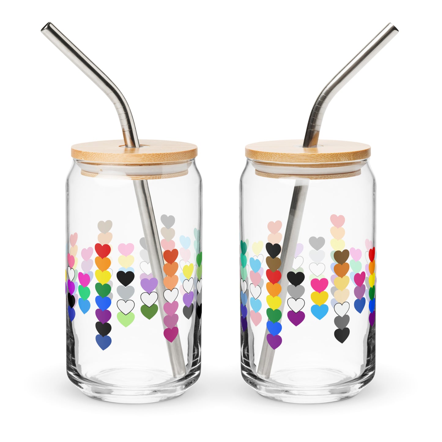 LGBTQIA Pride Rainbow Hearts Can-Shaped Glass Tumbler by Spinsterly Co with clear glass and bamboo lid