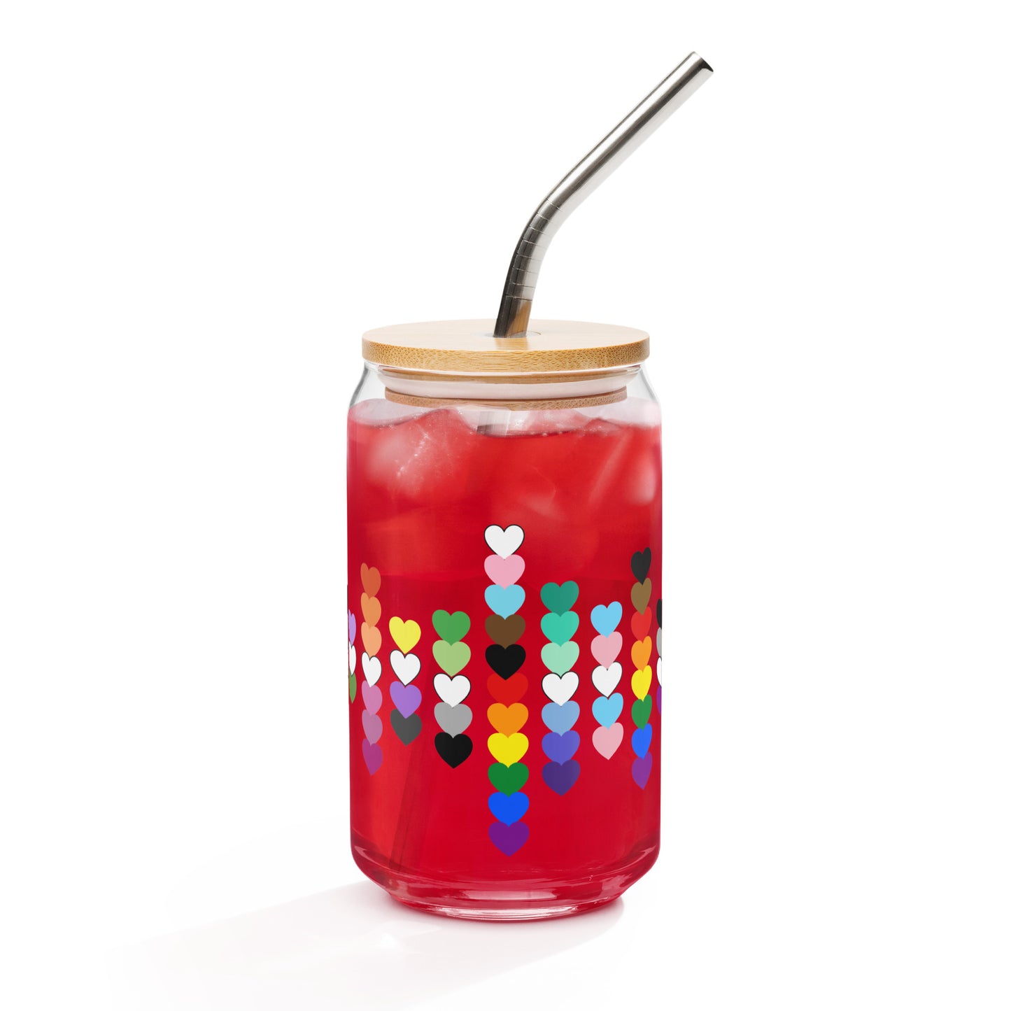 LGBTQIA Pride Rainbow Hearts Can-Shaped Glass Tumbler Spinsterly Co red with bamboo lid and metal straw