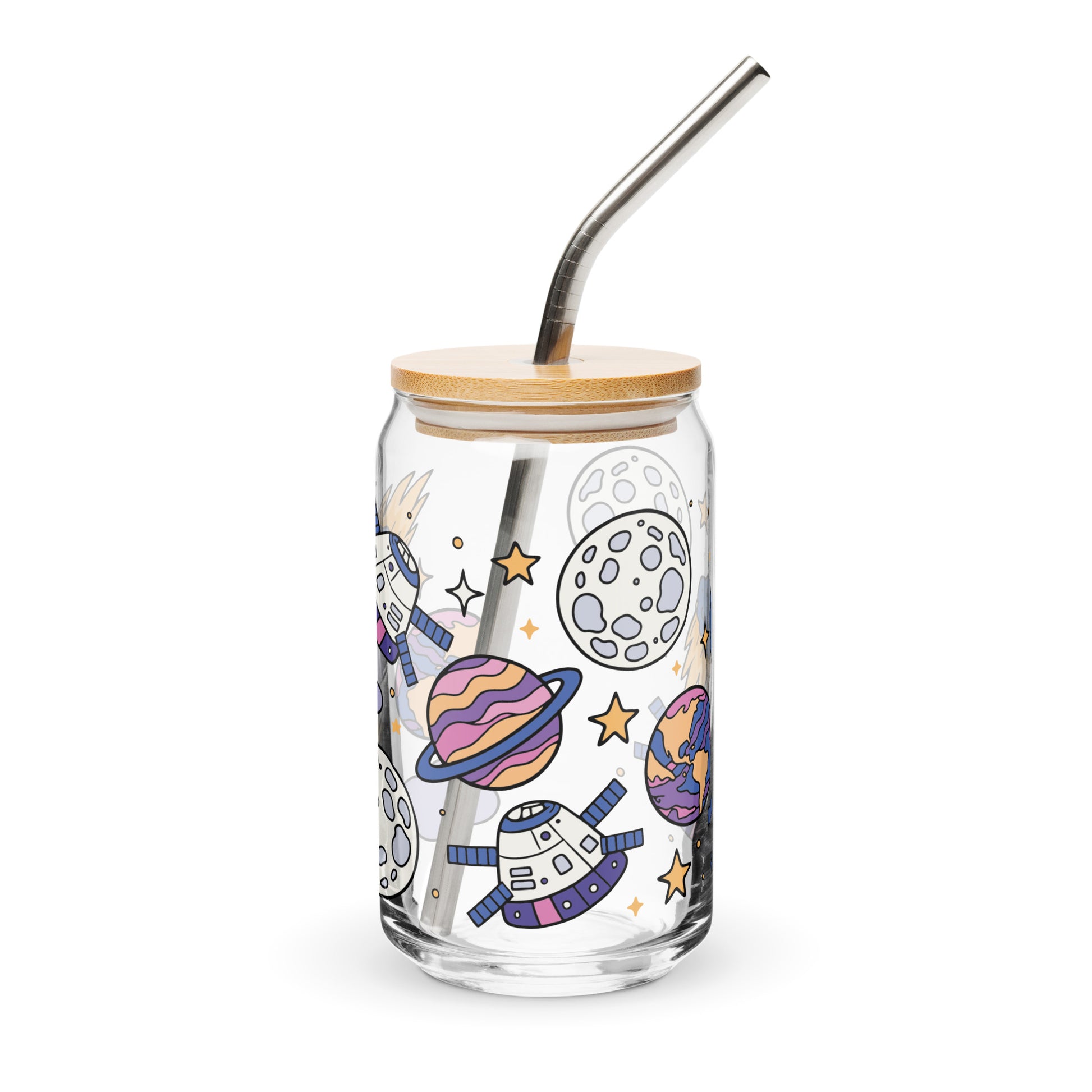 Kawaii Space Scatter Cosmic Glass Tumbler Spinsterly Co clear glass can tumbler with bamboo lid and metal straw