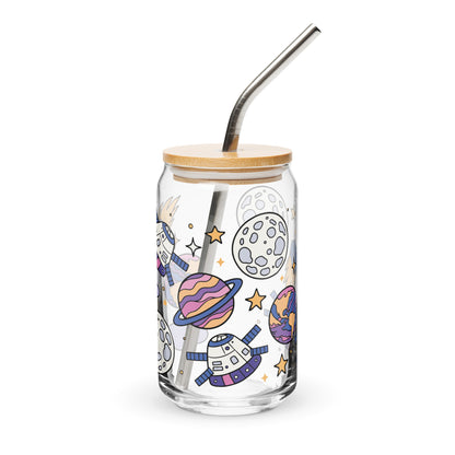 Kawaii Space Scatter Cosmic Glass Tumbler Spinsterly Co clear glass can tumbler with bamboo lid and metal straw