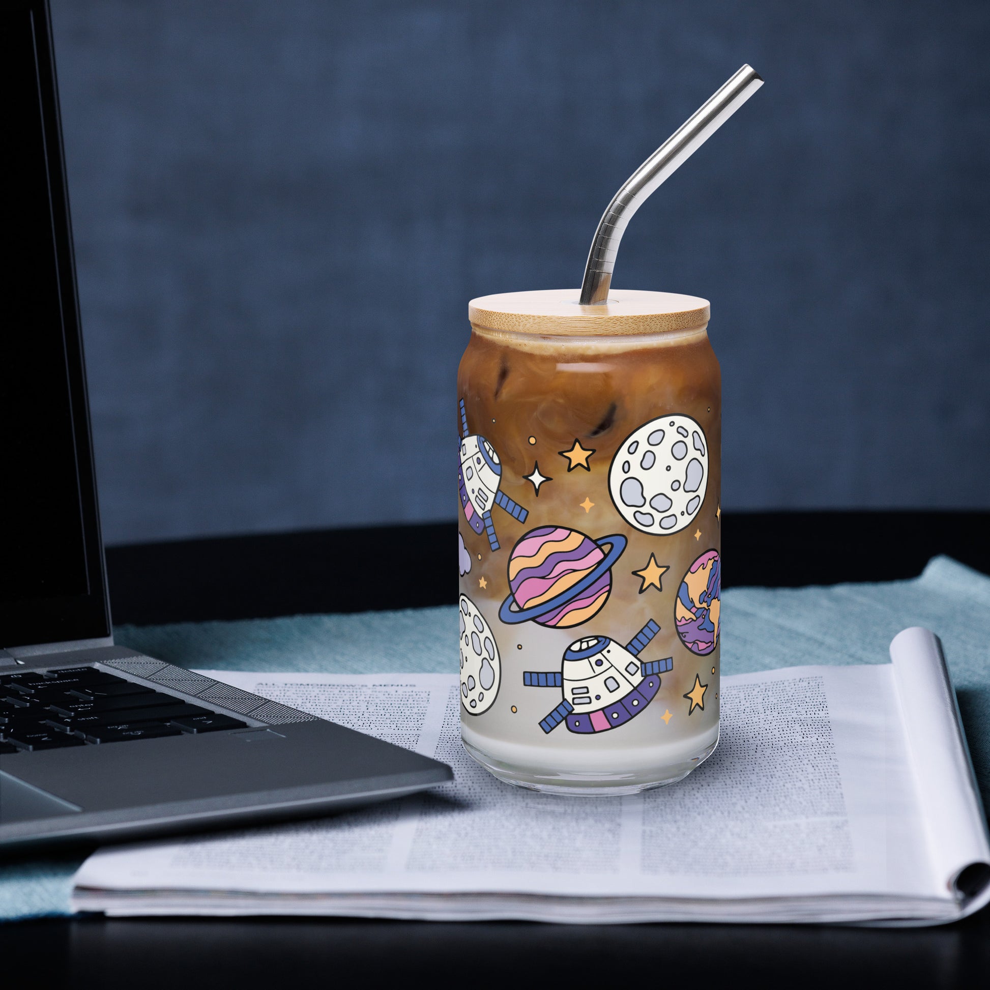 Kawaii Space Scatter Cosmic Glass Tumbler by Spinsterly Co, clear glass with bamboo lid and metal straw