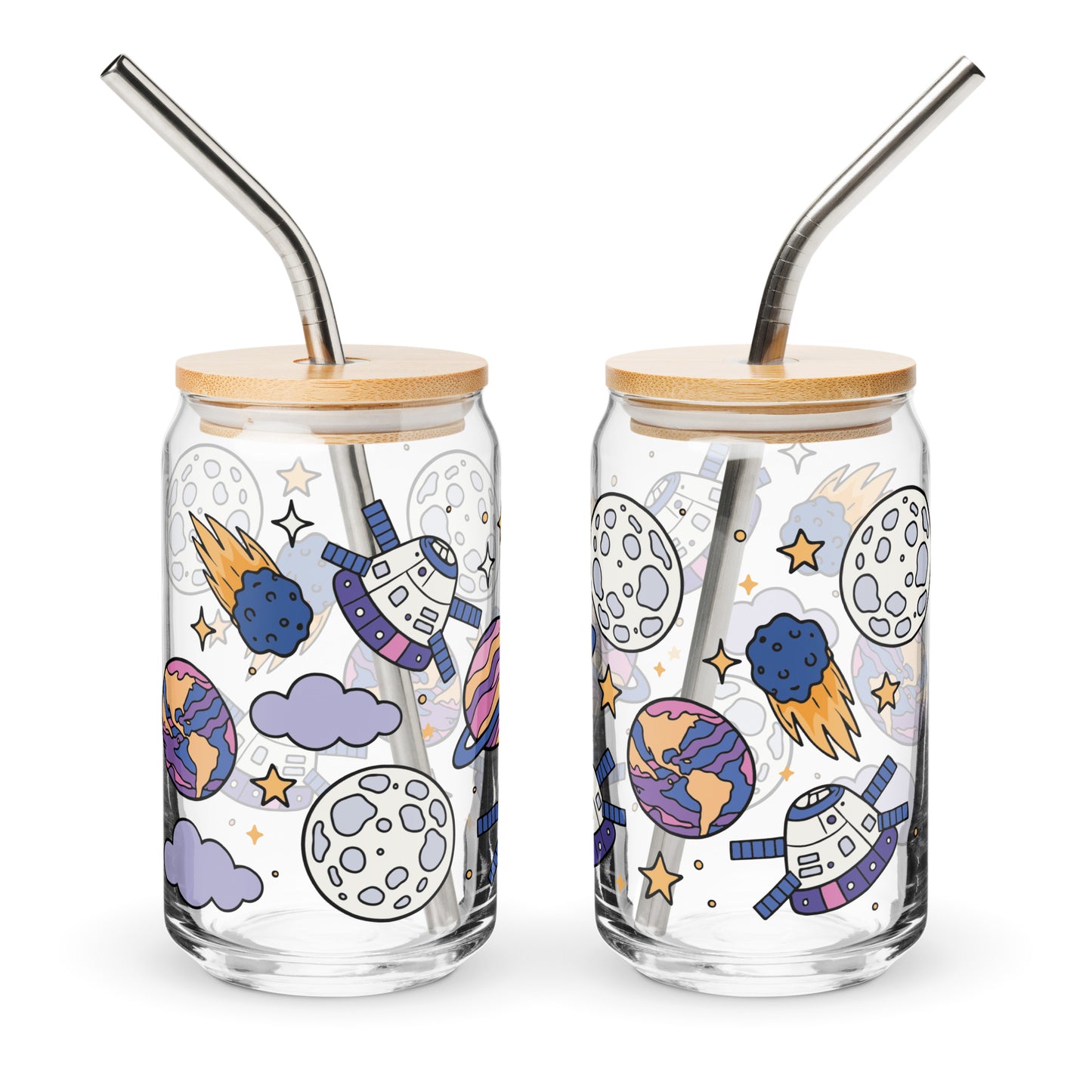 Kawaii Space Scatter Cosmic Glass Tumbler Spinsterly Co clear can shaped glass with bamboo lid and metal straw