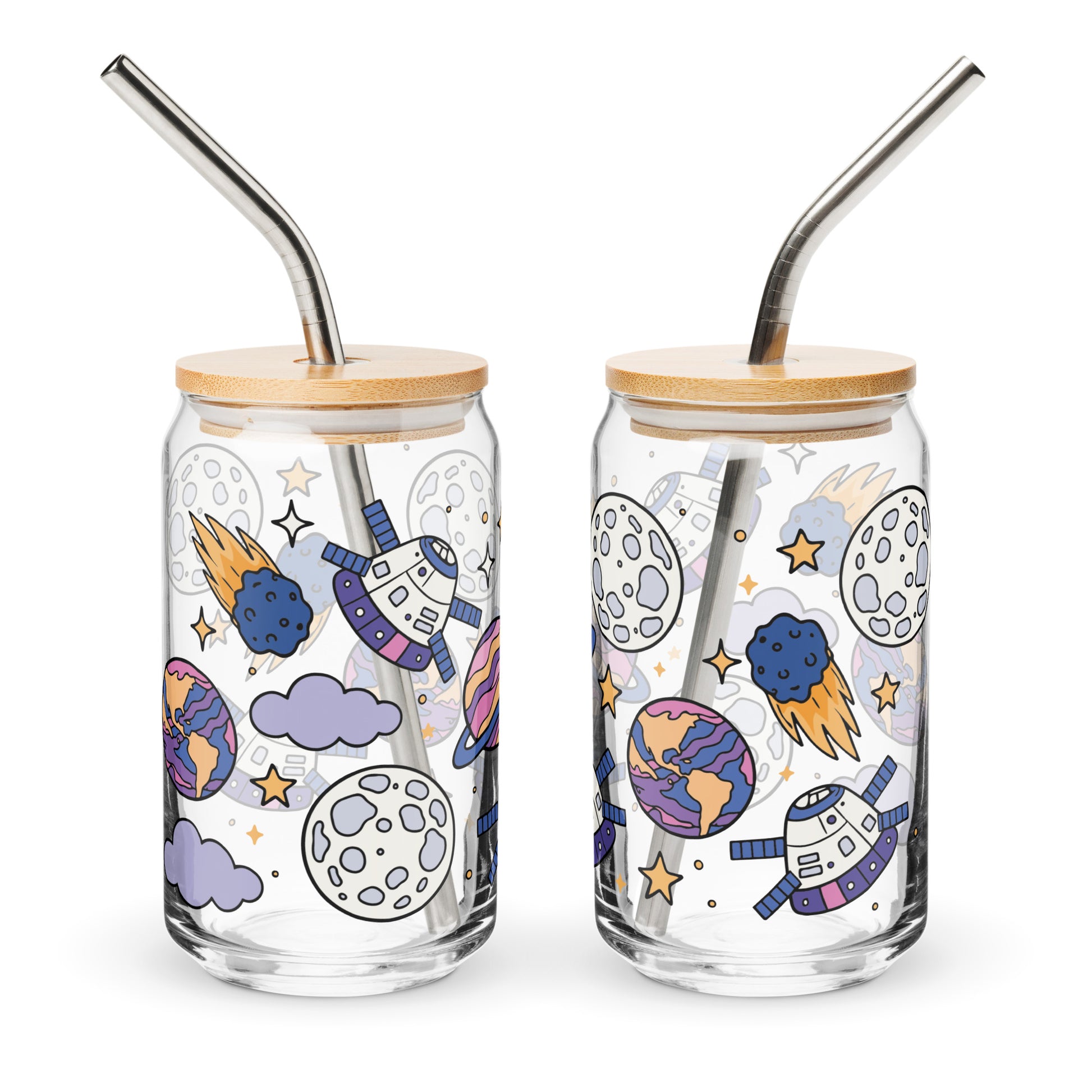 Kawaii Space Scatter Cosmic Glass Tumbler Spinsterly Co clear can shaped glass with bamboo lid and metal straw