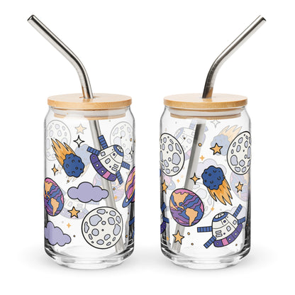 Kawaii Space Scatter Cosmic Glass Tumbler Spinsterly Co clear can shaped glass with bamboo lid and metal straw