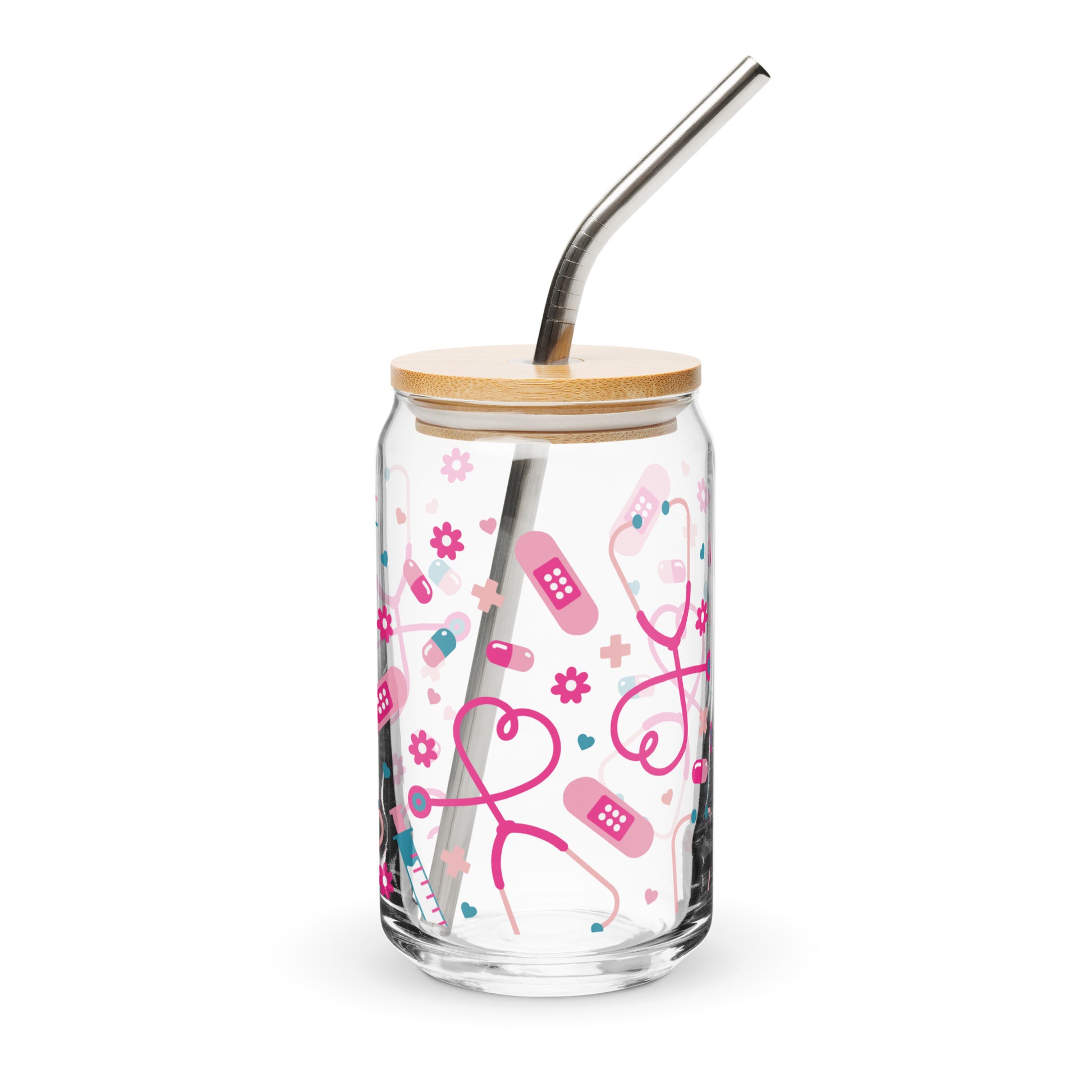 Kawaii Nurse Medical Scatter Can-Shaped Glass Tumbler by Spinsterly Co, clear glass with pink nurse icons