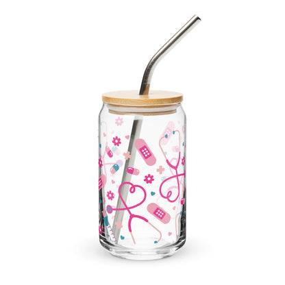 Kawaii Nurse Medical Scatter Can-Shaped Glass Tumbler by Spinsterly Co, clear glass with pink nurse icons