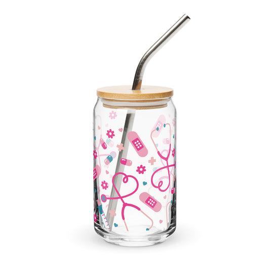 Kawaii Nurse Medical Scatter Can-Shaped Glass Tumbler by Spinsterly Co, clear glass with pink nurse icons