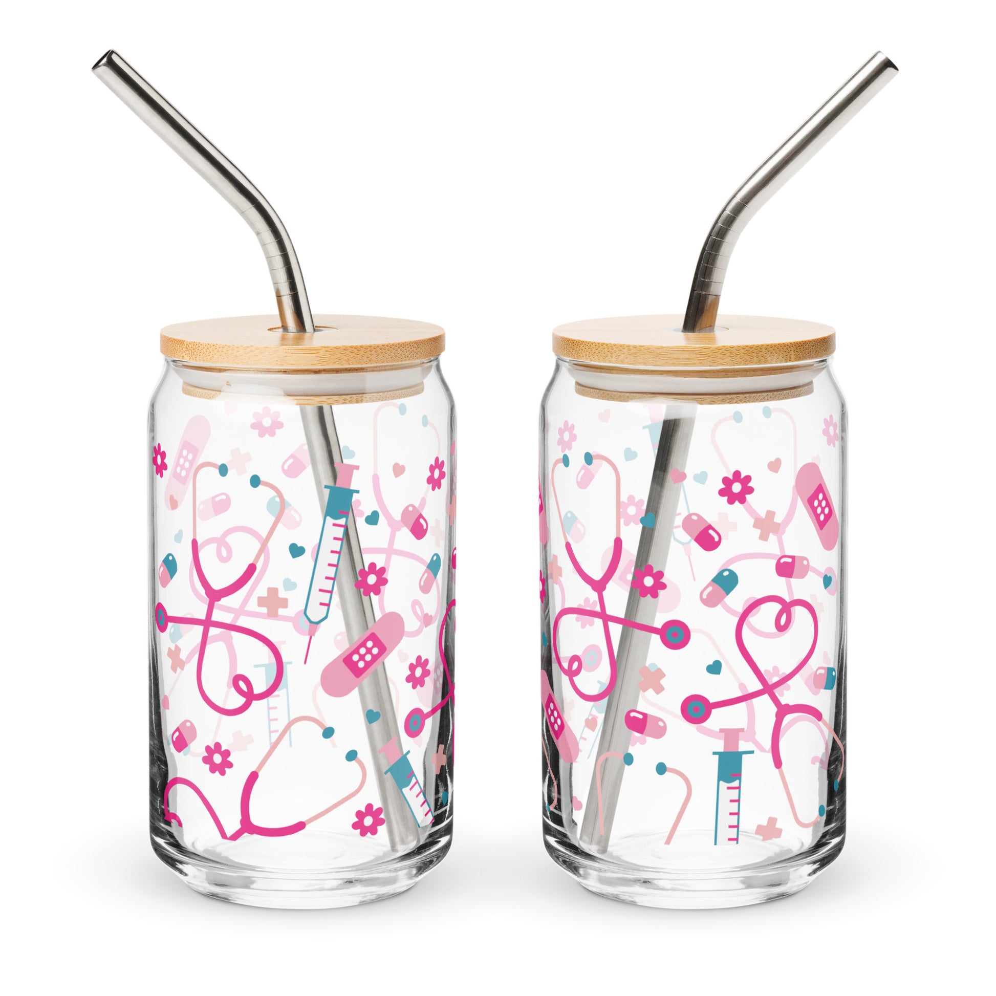 Kawaii Nurse Medical Scatter Can-Shaped Glass Tumbler with Spinsterly Co clear glass, bamboo lid and metal straw