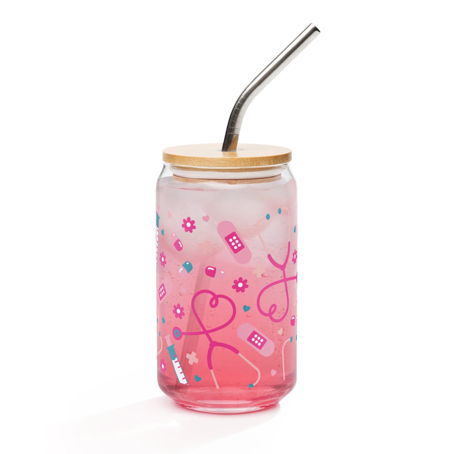 Kawaii Nurse Medical Scatter Can-Shaped Glass Tumbler with Spinsterly Co bamboo lid and metal straw, pink
