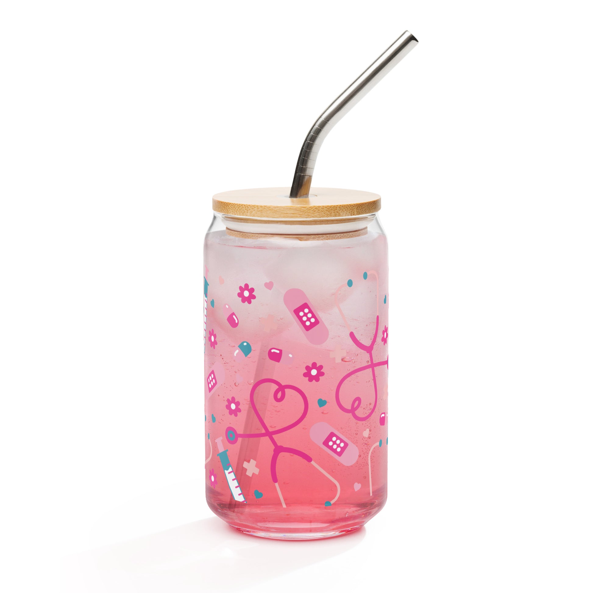 Kawaii Nurse Medical Scatter Can-Shaped Glass Tumbler with Spinsterly Co bamboo lid and metal straw, pink