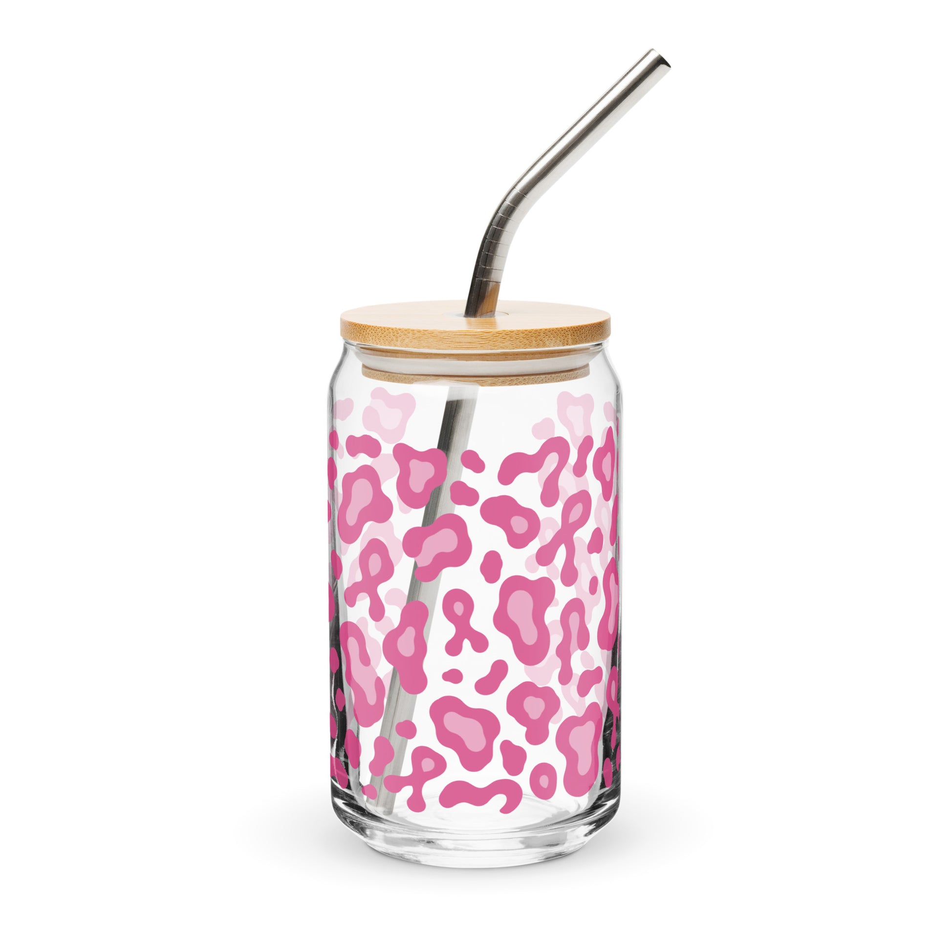 A clear glass can-shaped tumbler with a pink leopard print pattern, a light wood lid, and a curved stainless steel straw, shown on a white background.