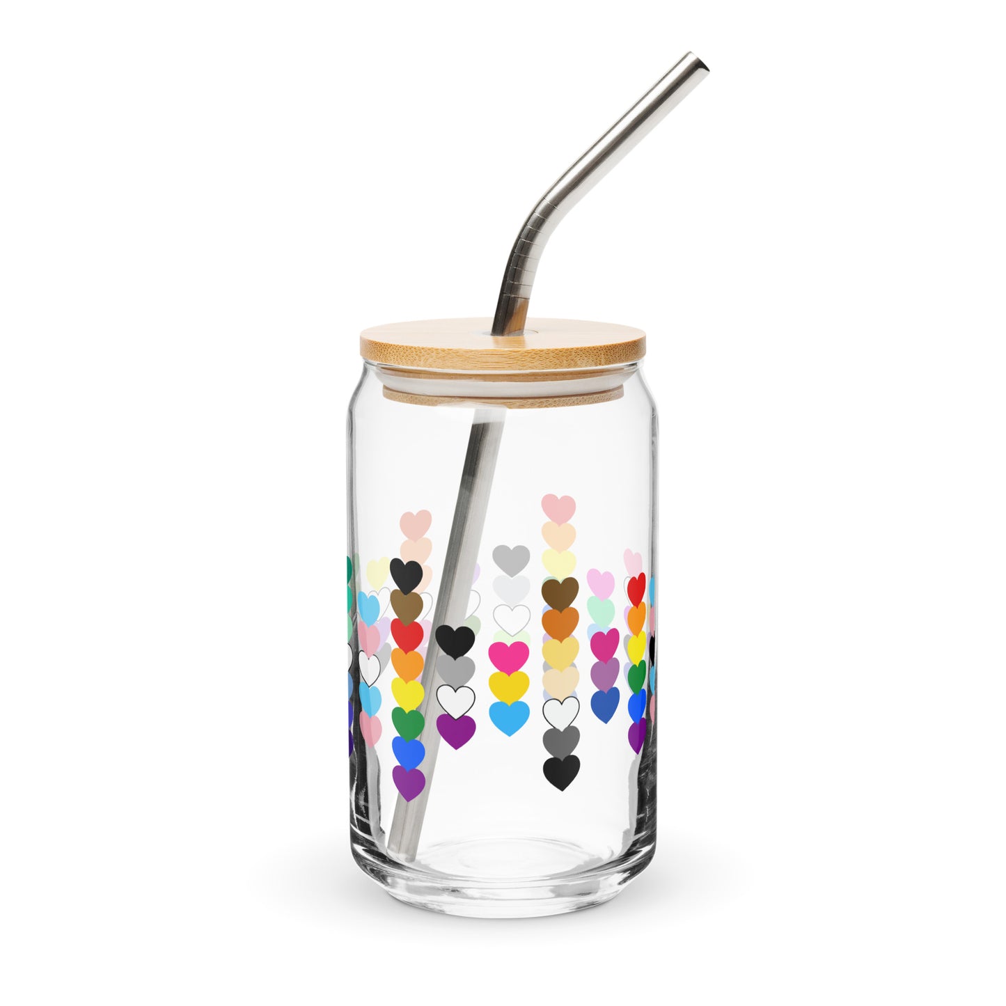 LGBTQIA Pride Rainbow Hearts Can-Shaped Glass Tumbler by Spinsterly Co, clear glass with bamboo lid and straw