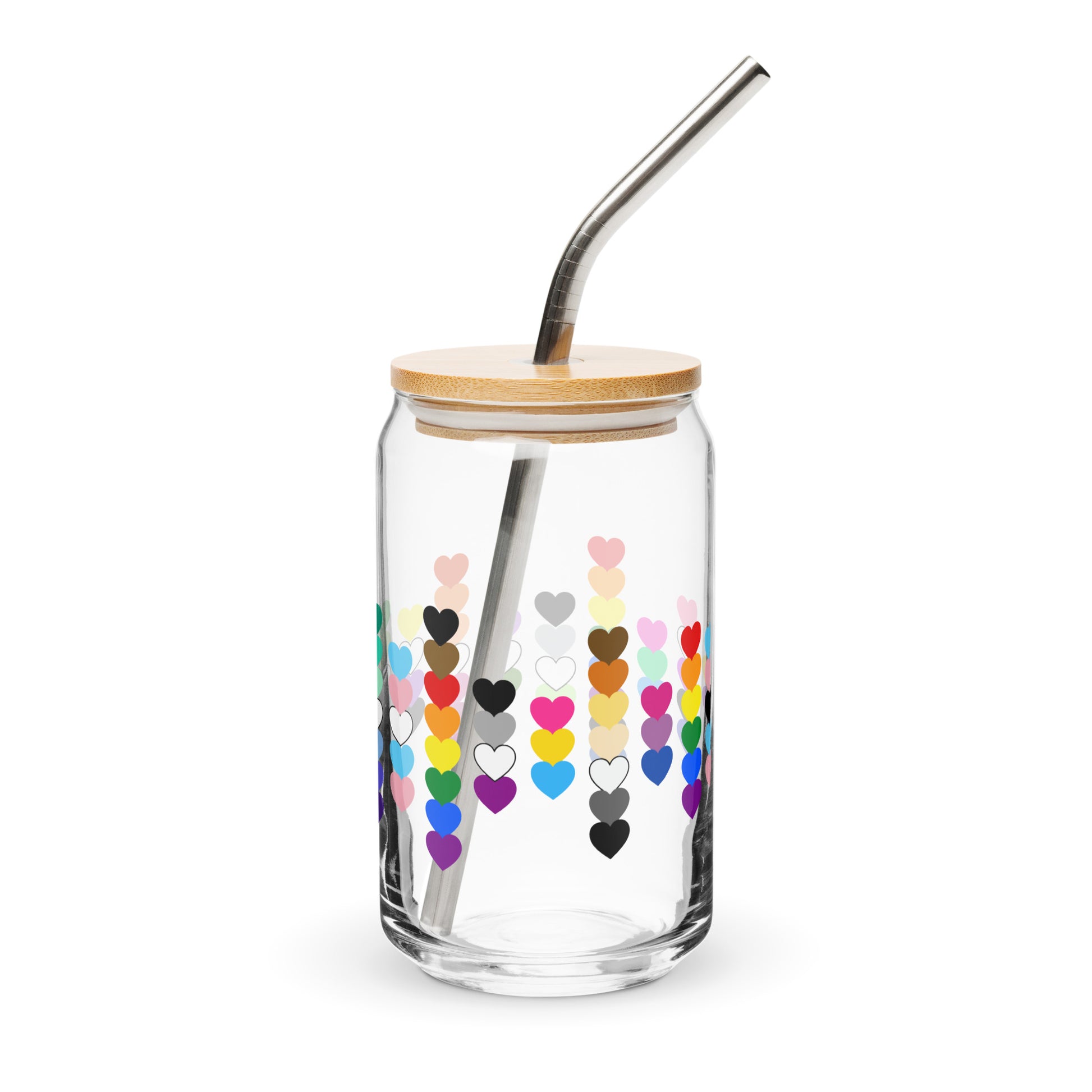 LGBTQIA Pride Rainbow Hearts Can-Shaped Glass Tumbler by Spinsterly Co, clear glass with bamboo lid and straw