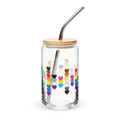 LGBTQIA Pride Rainbow Hearts Can-Shaped Glass Tumbler by Spinsterly Co, clear glass with bamboo lid and straw