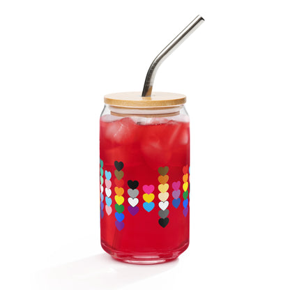 LGBTQIA Pride Rainbow Hearts Can-Shaped Glass Tumbler by Spinsterly Co, red with bamboo lid and metal straw