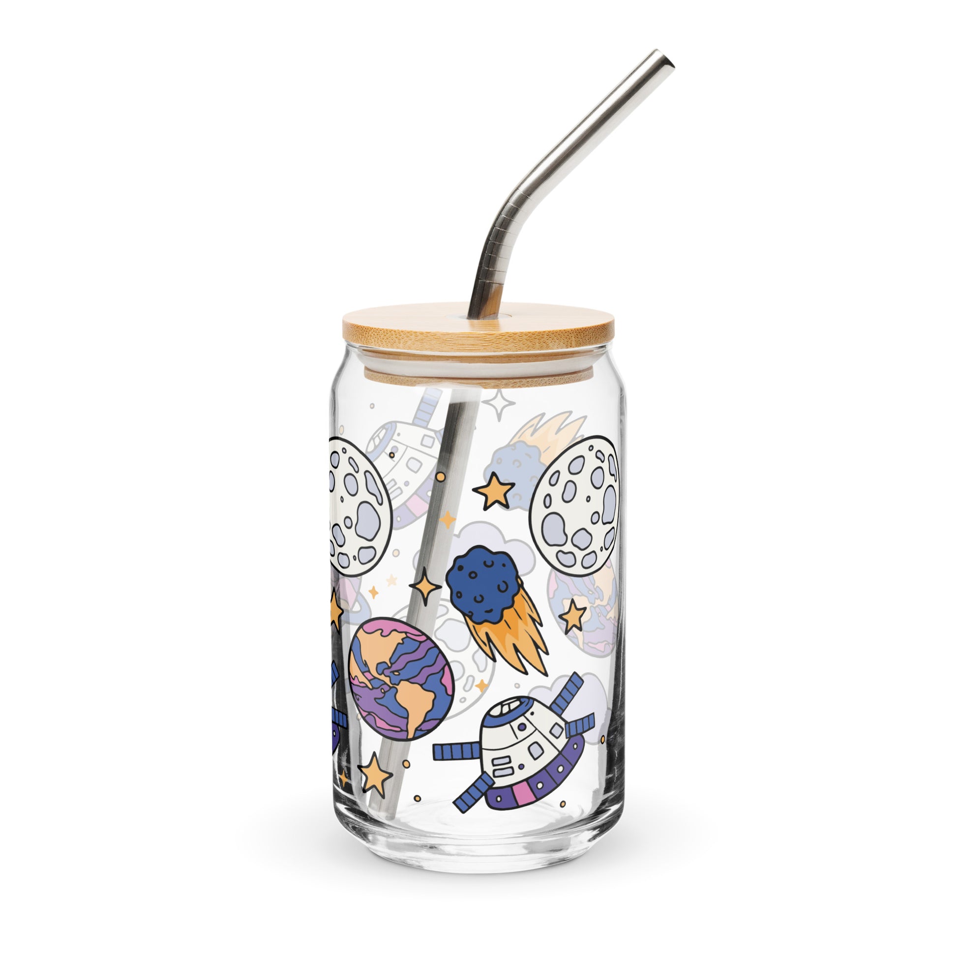 Kawaii Space Scatter Cosmic Glass Tumbler Spinsterly Co clear glass can tumbler with bamboo lid and metal straw