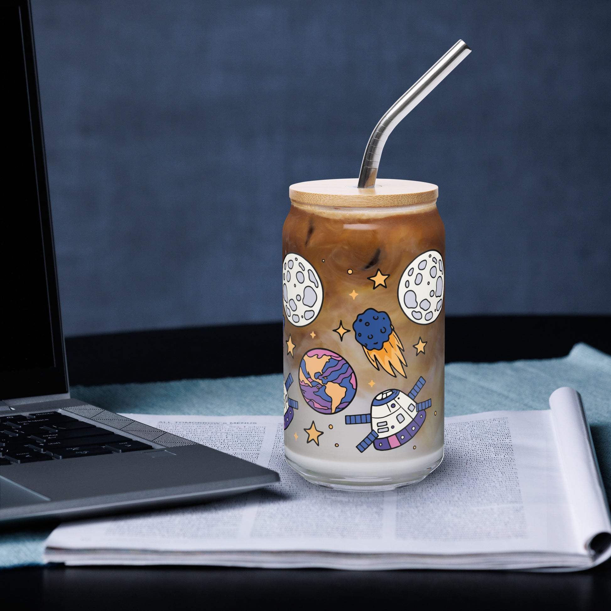 Kawaii Space Scatter Cosmic Glass Tumbler by Spinsterly Co, clear glass with bamboo lid and metal straw