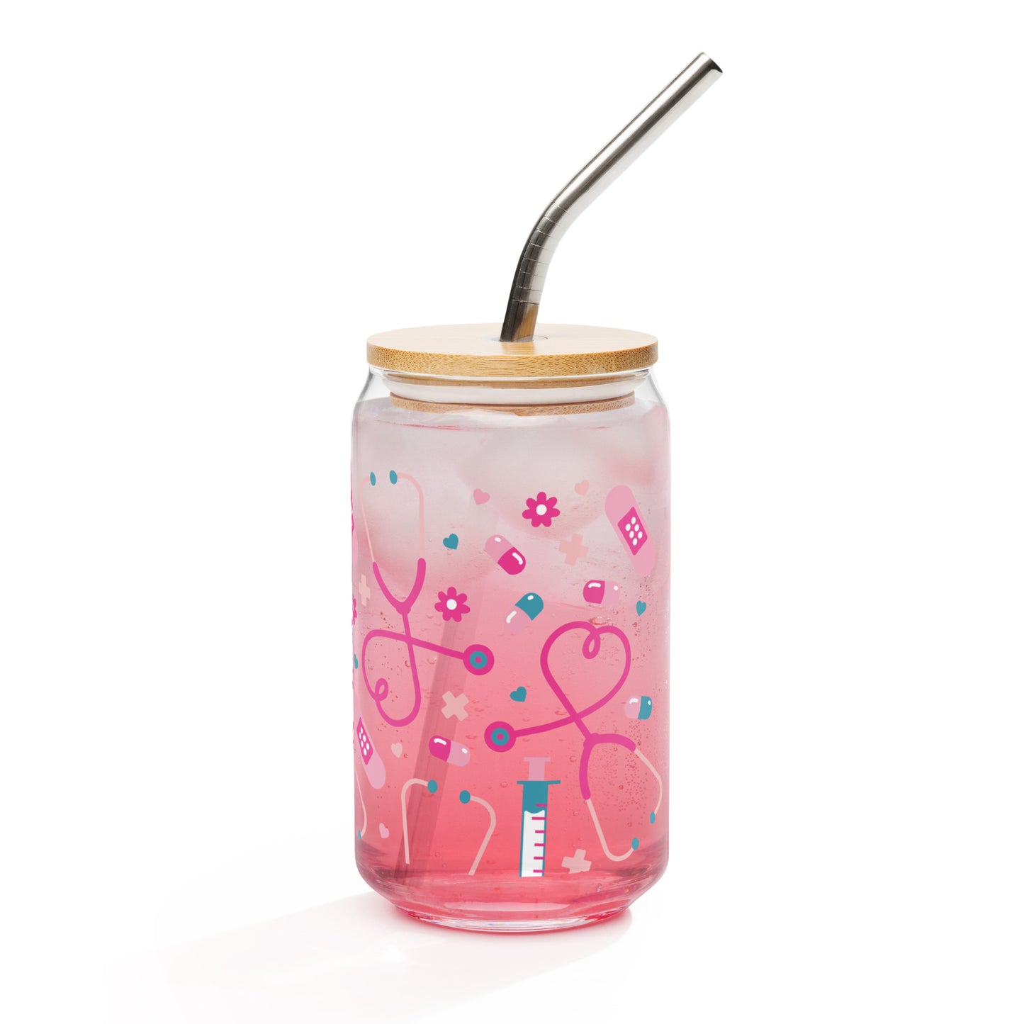Kawaii Nurse Medical Scatter Can-Shaped Glass Tumbler by Spinsterly Co, pink clear glass with bamboo lid and metal straw