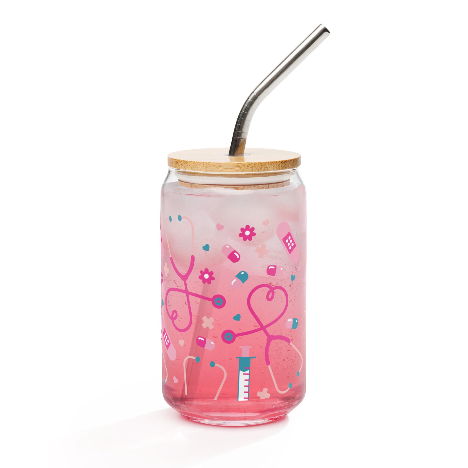 Kawaii Nurse Medical Scatter Can-Shaped Glass Tumbler by Spinsterly Co, pink clear glass with bamboo lid and metal straw